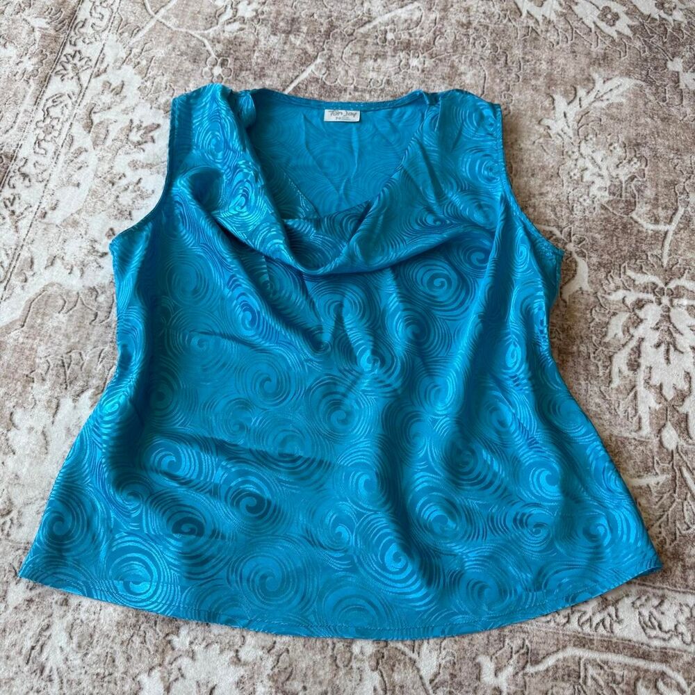 TanJay Cowl Neck Teal Blue Swirl Pattern Sleeveless Blouse
